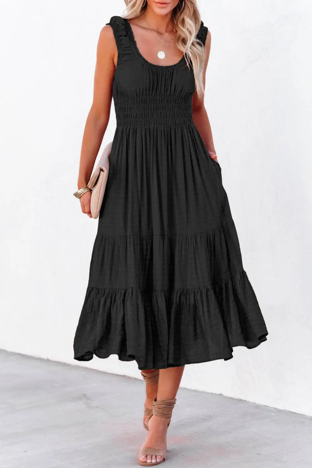 Sleeveless U Neck Ruffle Trim Tiered Midi Dress