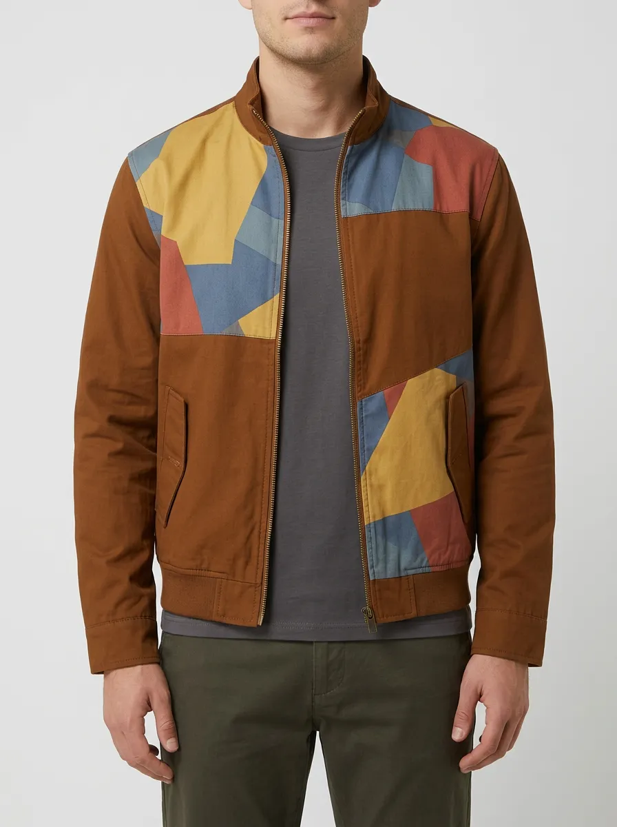 Geometric Print Stand Collar Panel Detail Bomber Jacket