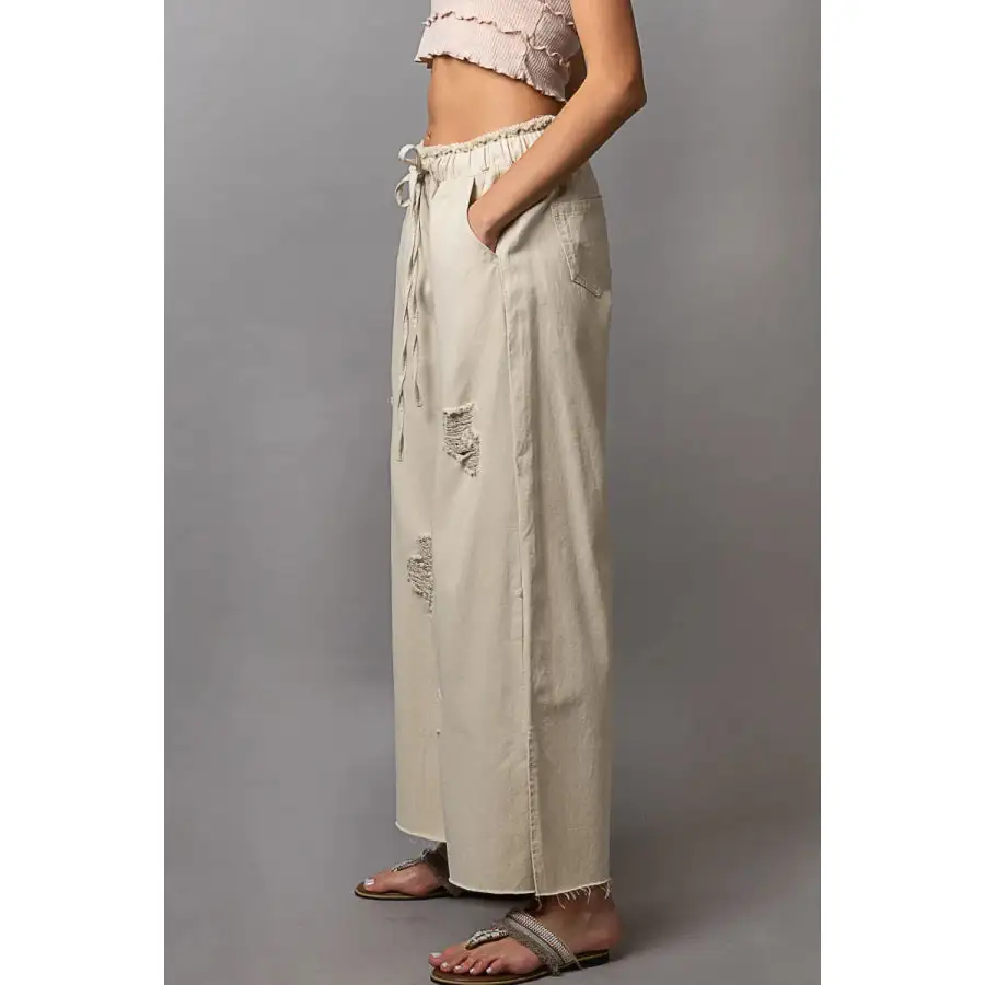 Distressed Drawstring Slit Wide Leg Pants