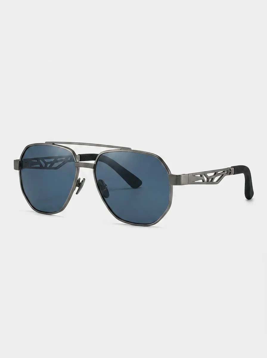 Men's Geometric Metal Frame Hollow-out Temple Aviator Sunglasses