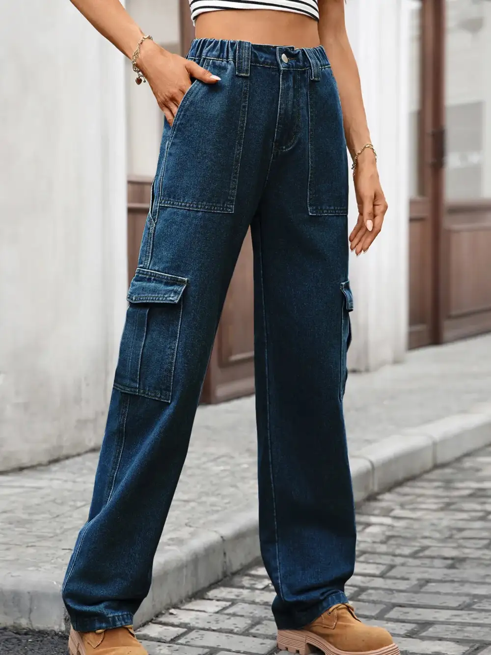 Versatile High Waist Cargo Denim Jeans