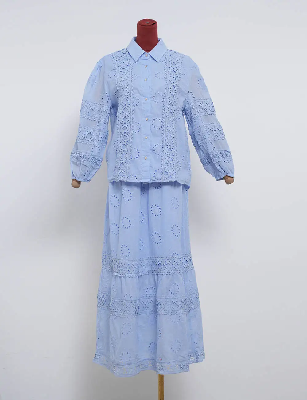 Boho Eyelet Button Down Blouse and Tiered Maxi Skirt Set