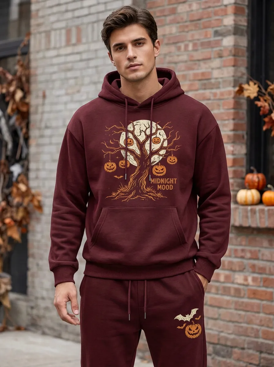 Men's Halloween Midnight Mood Pumpkin Tree Printed Tracksuit