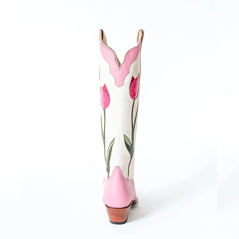 Faux-Leather Floral Patchwork Chunky-Heel Knee-High Boots
