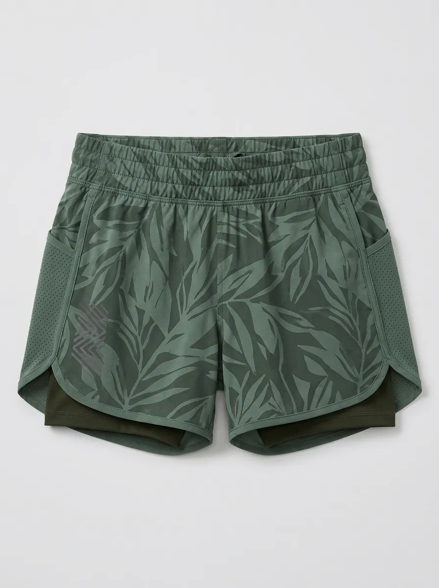 Women's Athletic Tropical Leaf Printed 2-in-1 Shorts