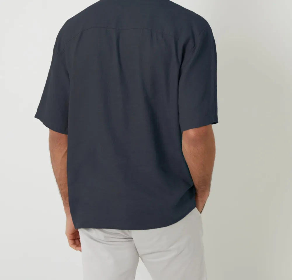 Navy Relaxed-Fit Linen-Blend Camp Collar Short-Sleeve Shirt