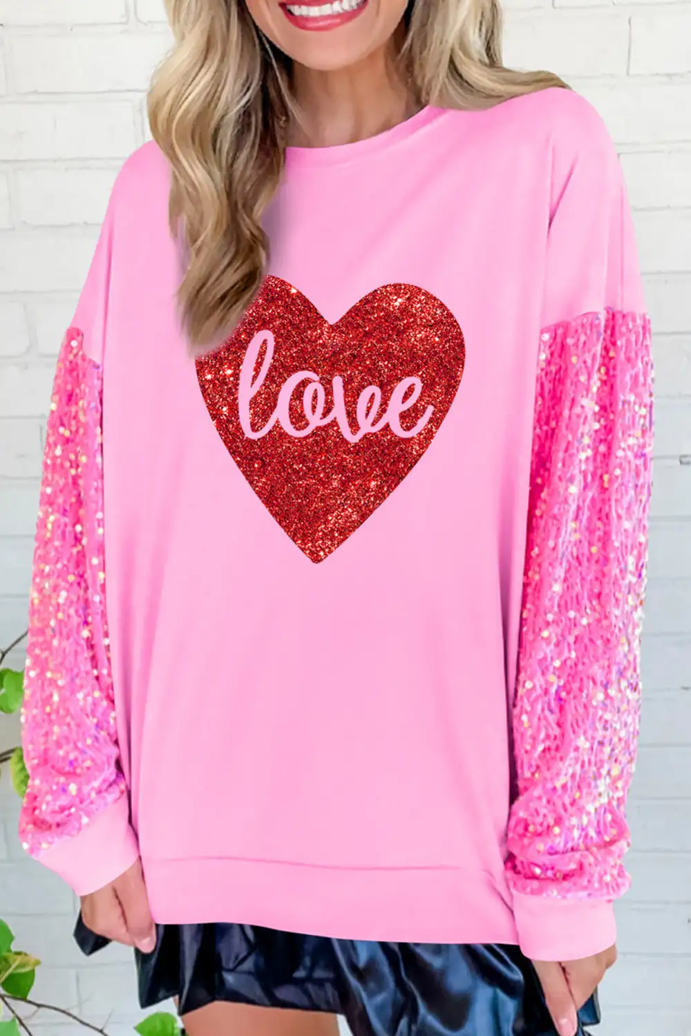 Shiny Heart Shape Love Print Sequined Sleeve Top