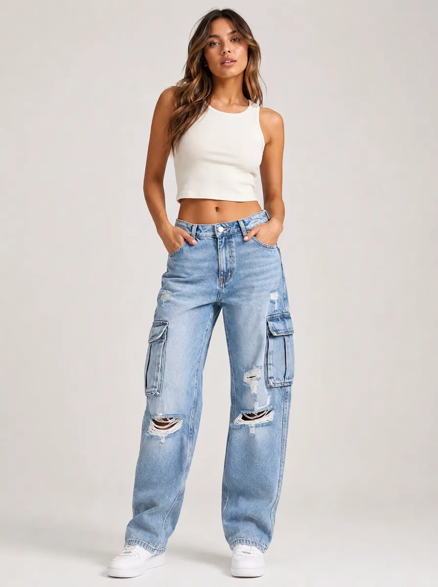 Women's Streetwear Distressed Denim Cargo Pants
