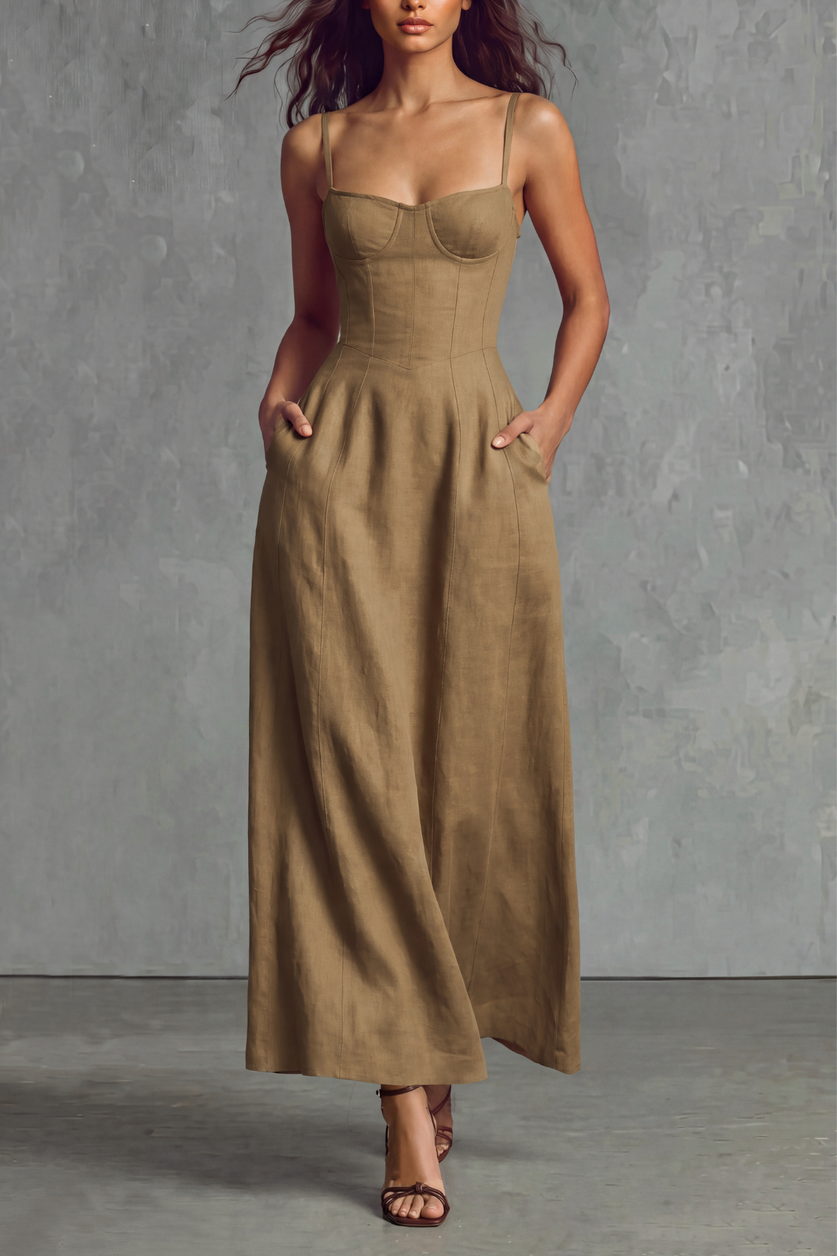 Square Neck Spaghetti Strap Midi Dress
