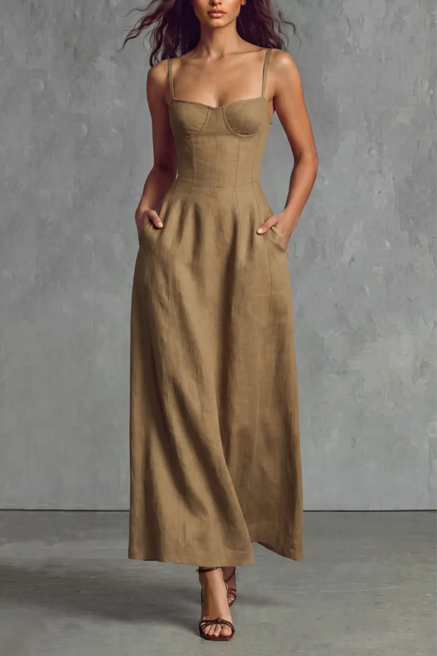 Square Neck Spaghetti Strap Midi Dress