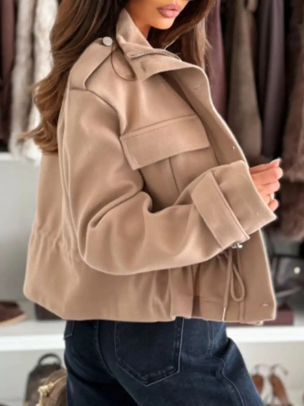 Drawstring Button-up Casual Jacket