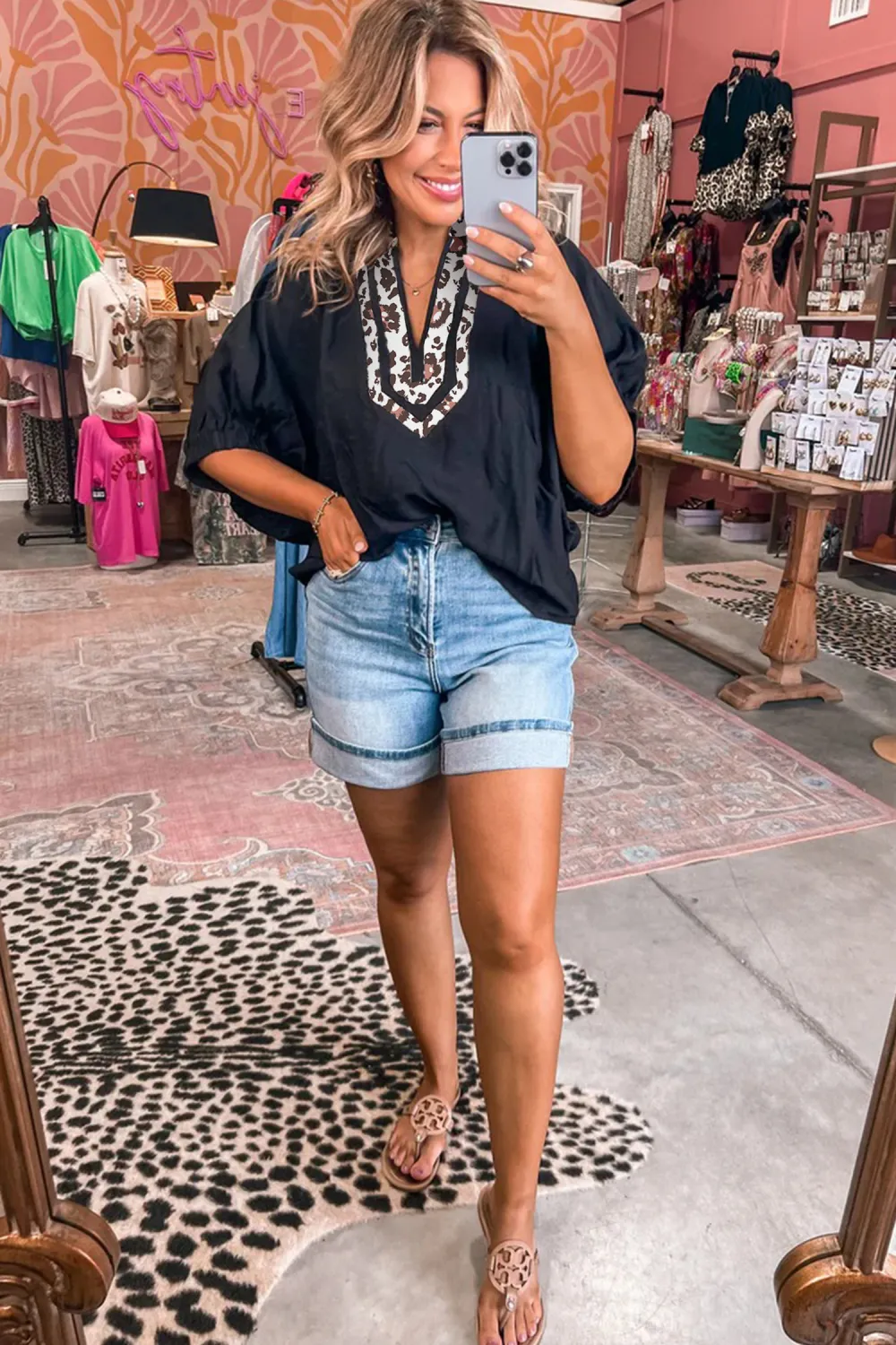 Black Dolman Half Sleeve Leopard Blouse