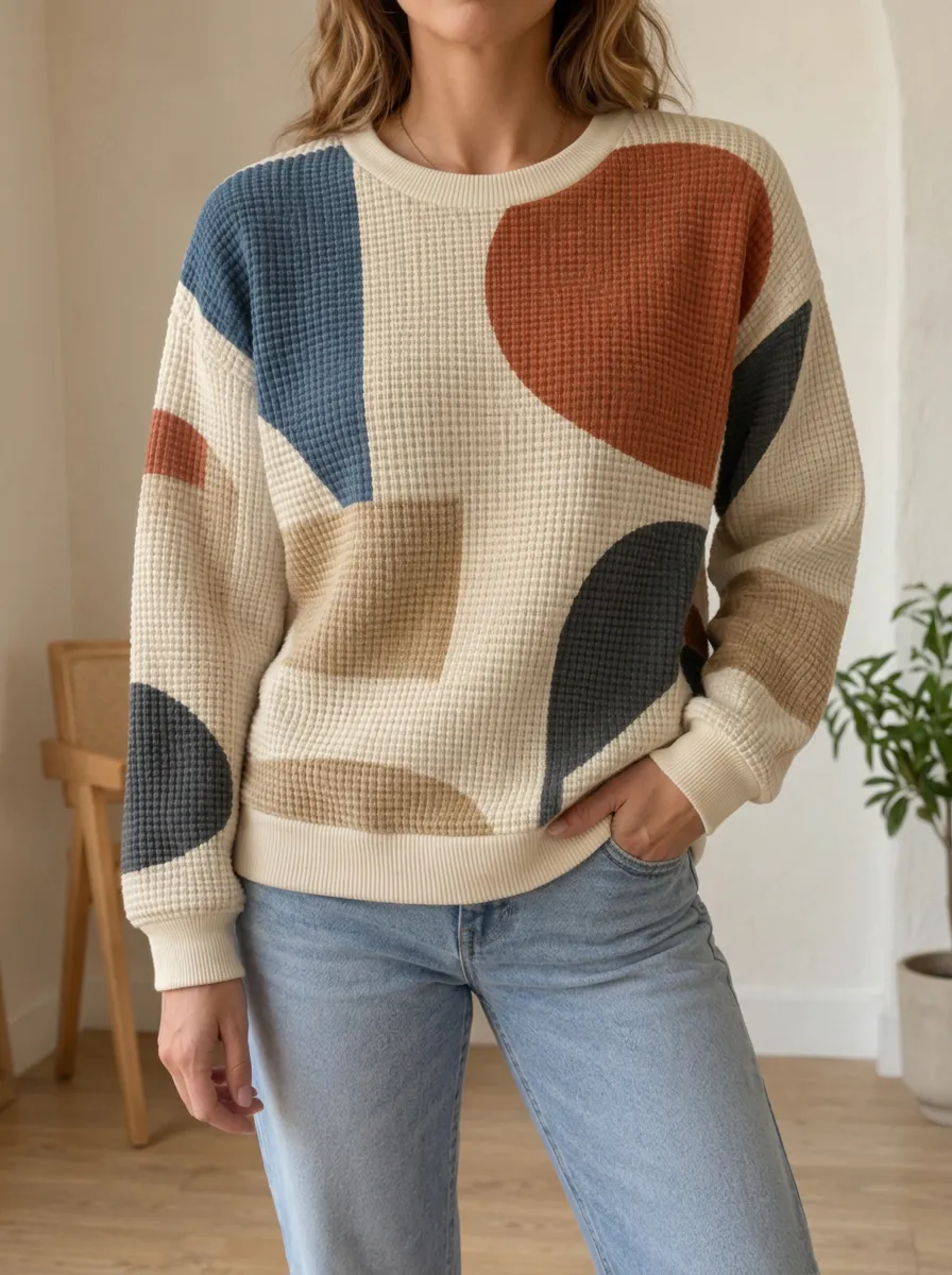 Women's Printed Abstract Geometric Pattern Waffle Knit Crewneck Sweatshirt