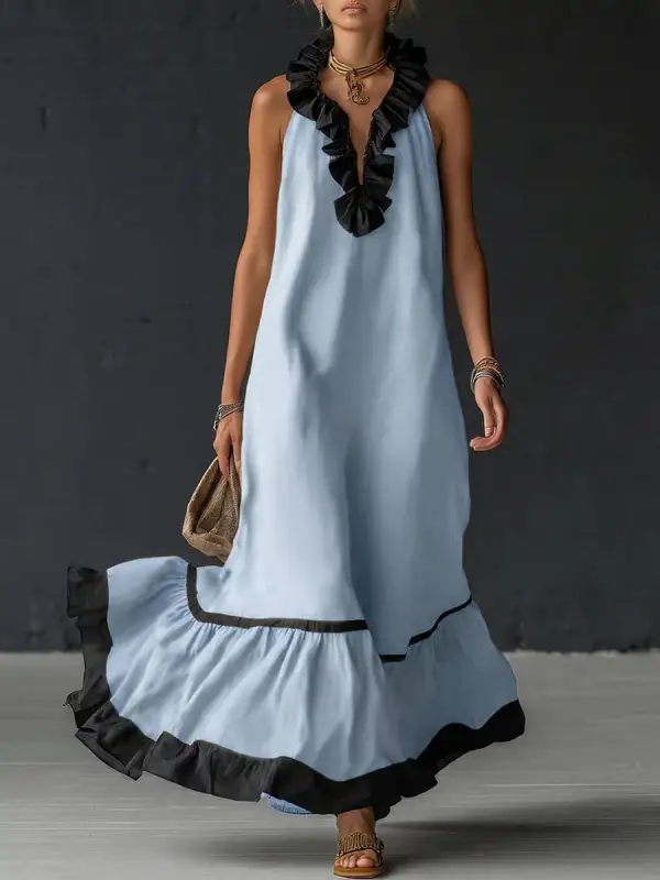 Trim Pleated Neck Maxi Dress