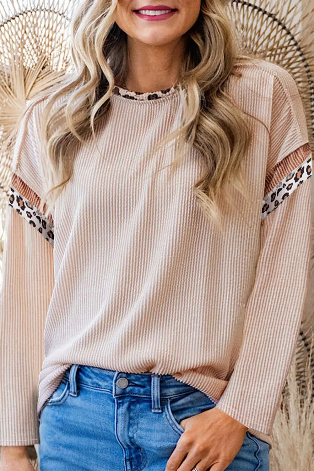 Women's Leopard Print Top With Colorblock And Ribbed