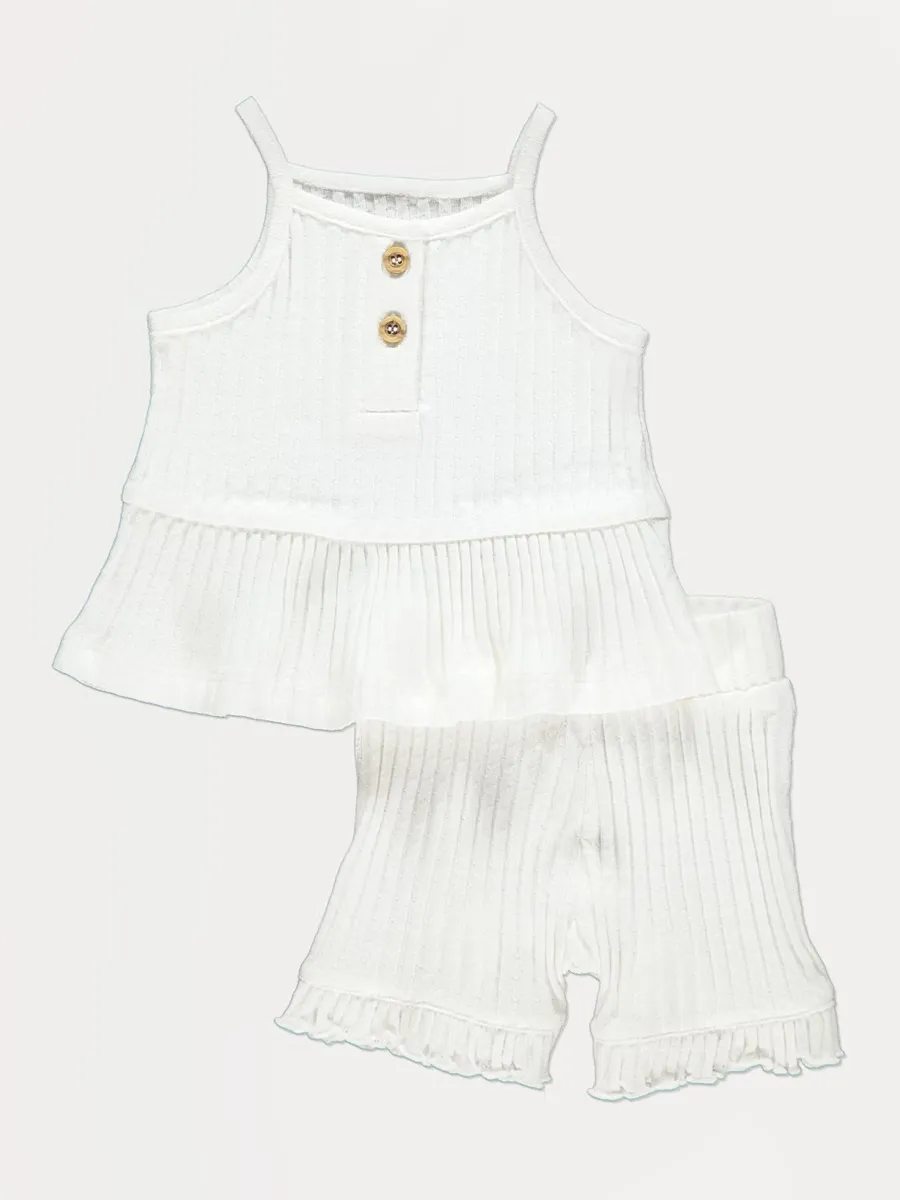 White Ribbed Top and Shorts Outfit