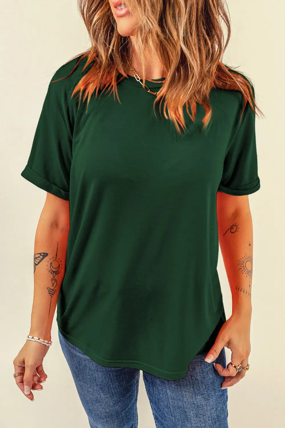 Green Casual Plain Crew Neck