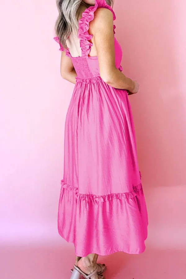 Solid Color Ruffle Trim High Waist Sleeveless Maxi Dress