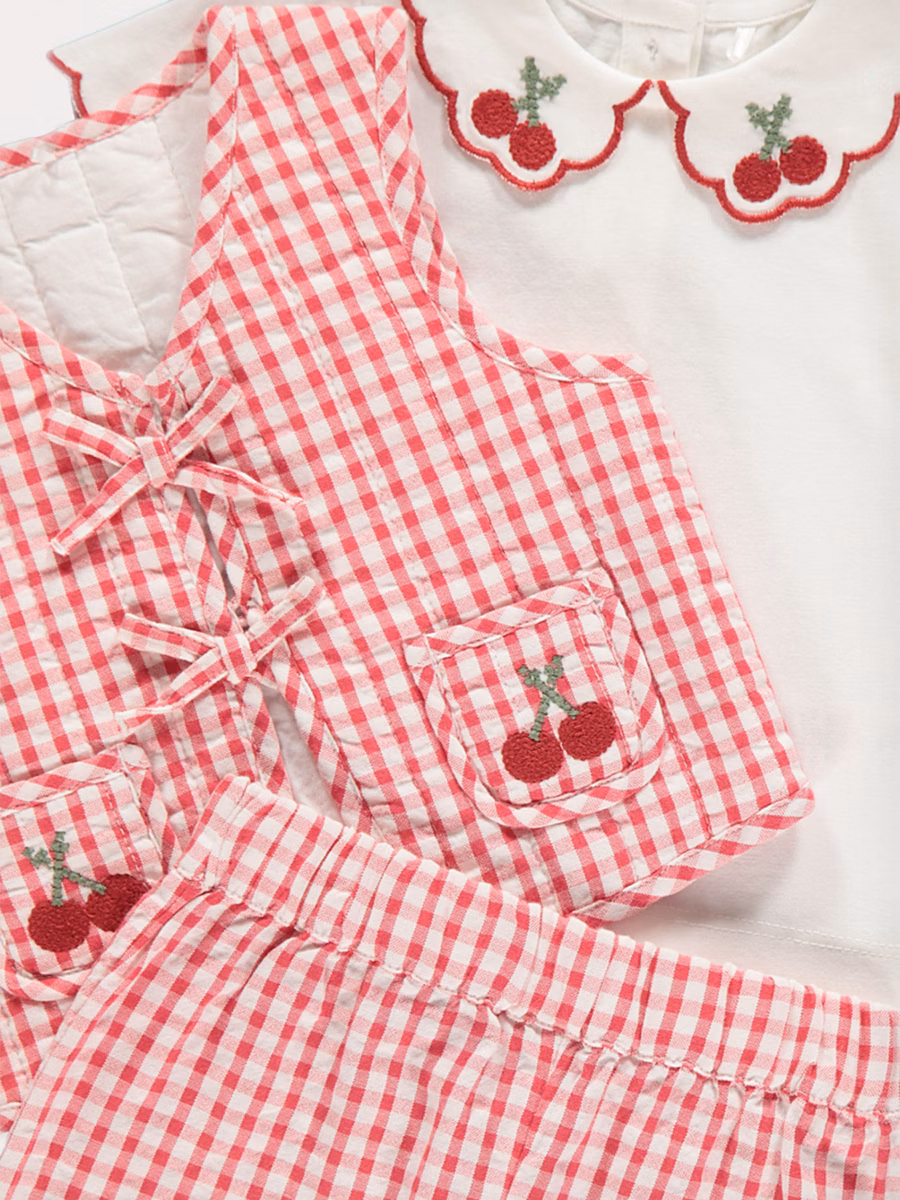 Red Gingham Cherry Top Waistcoat and Trousers Outfit detail 1