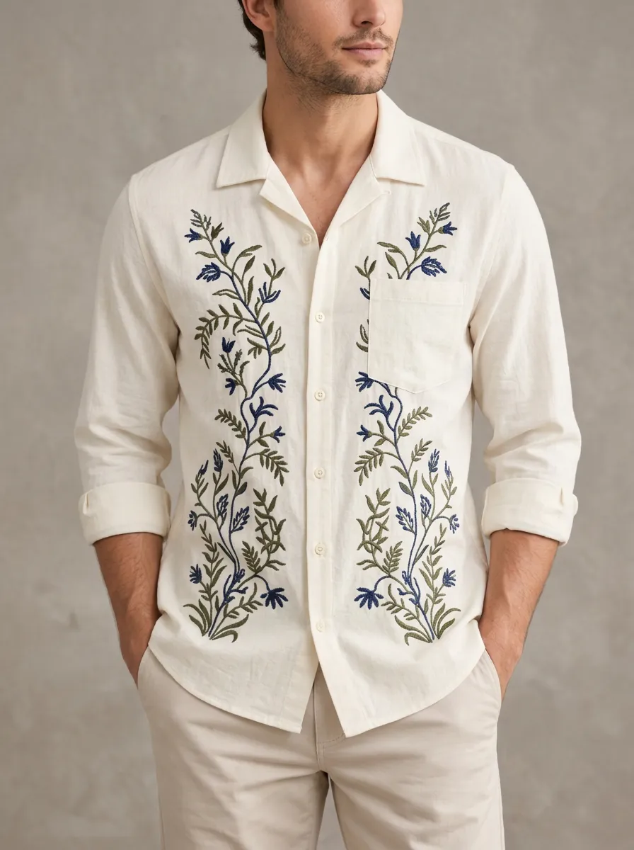 Men's Botanical Embroidered Linen Blend Shirt