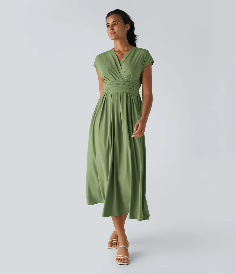 Breezeful V Neck Short Sleeve Side Pocket Tie Back Quick Dry Midi Casual Dress