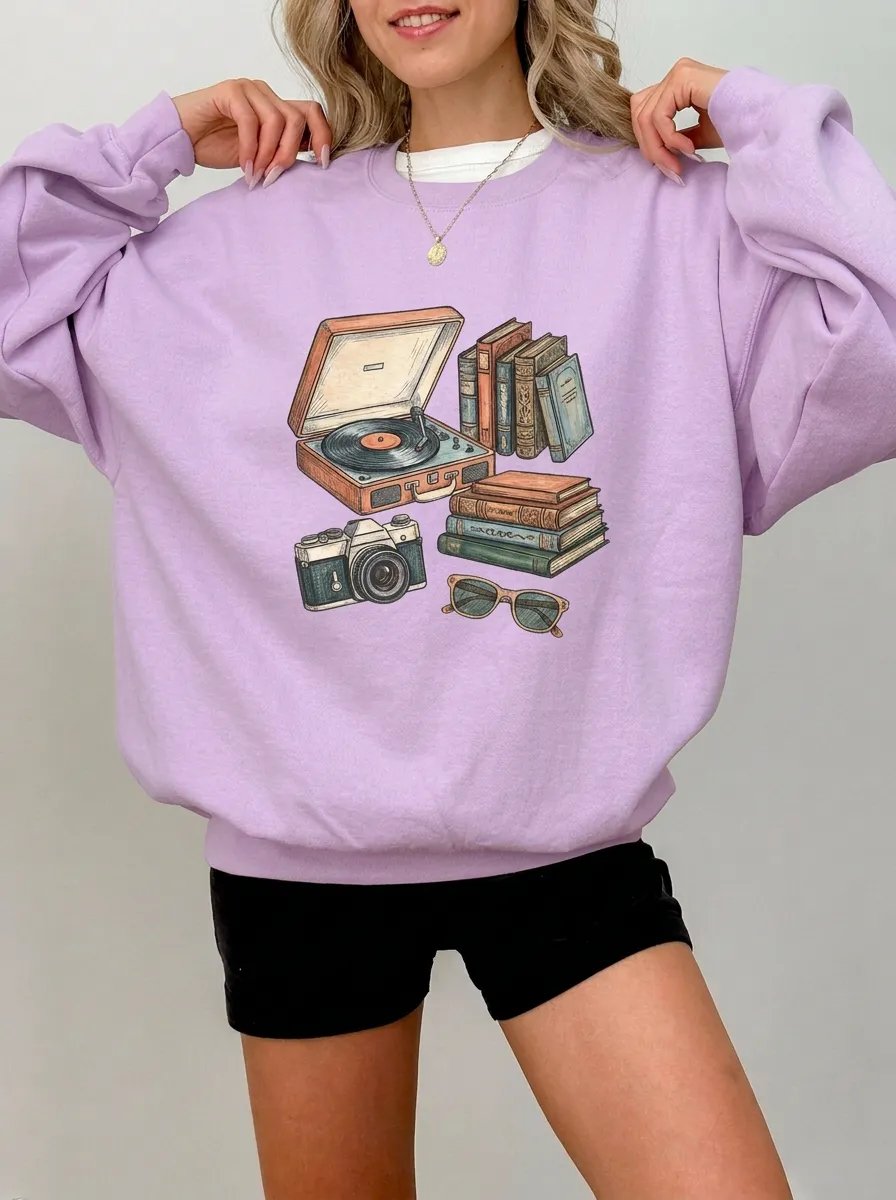 Women's Retro Book Record Camera Graphic Sweatshirt