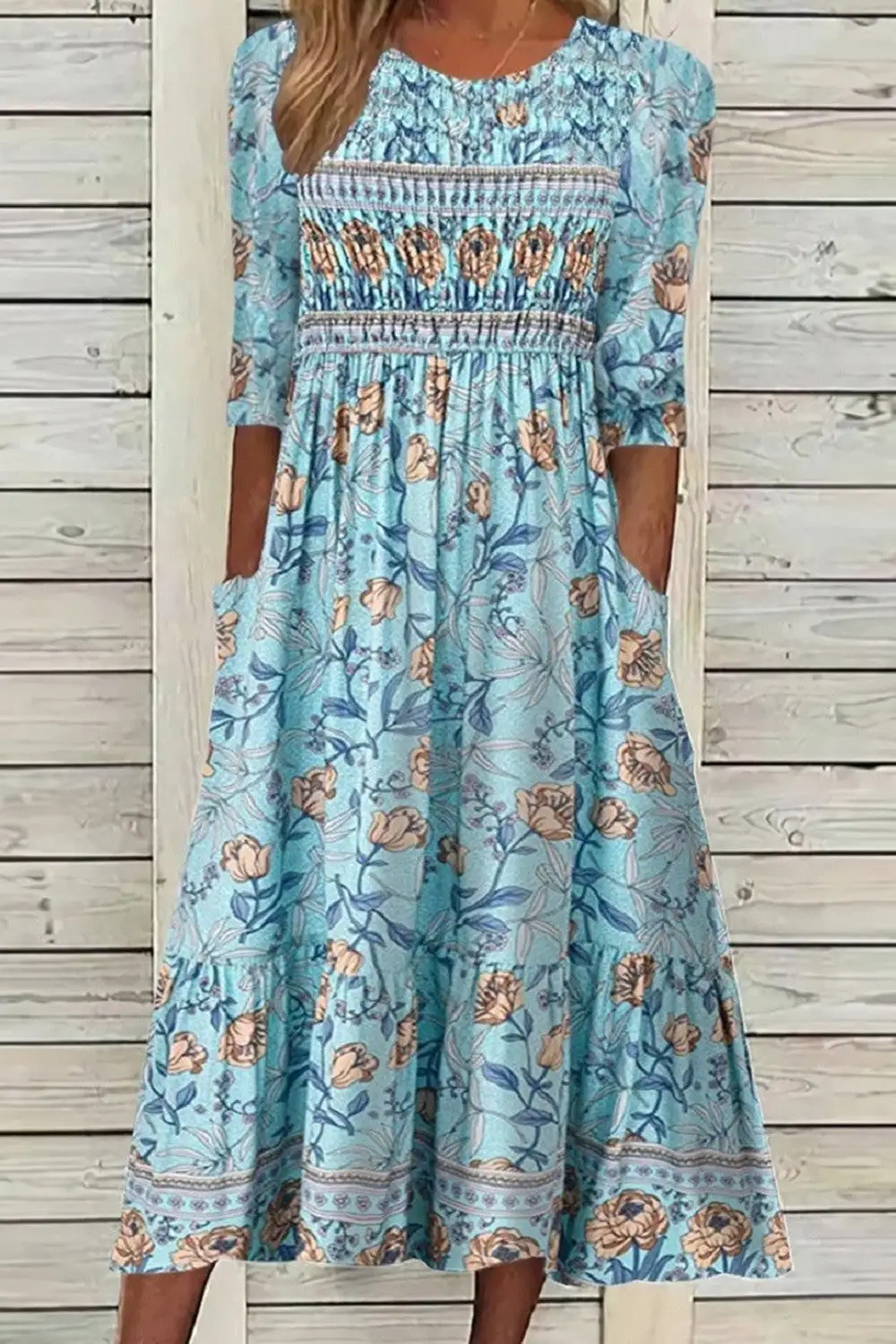 Floral Smocked Waist Midi Dress