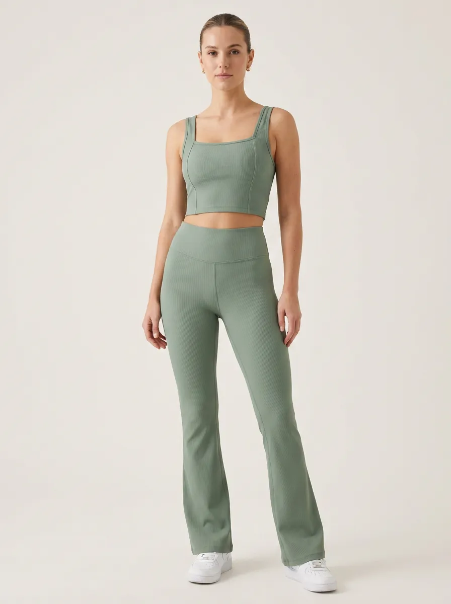 Women's Sage Green Ribbed Square Neck Crop Top and Flare Leggings Set - Ribbed
