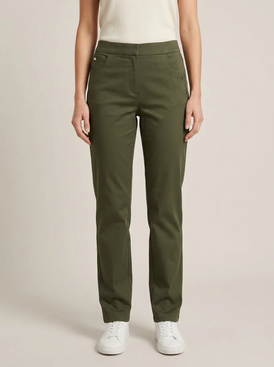Women's Olive Green Floral Embroidery Printed Mid-Rise Straight Leg Pants