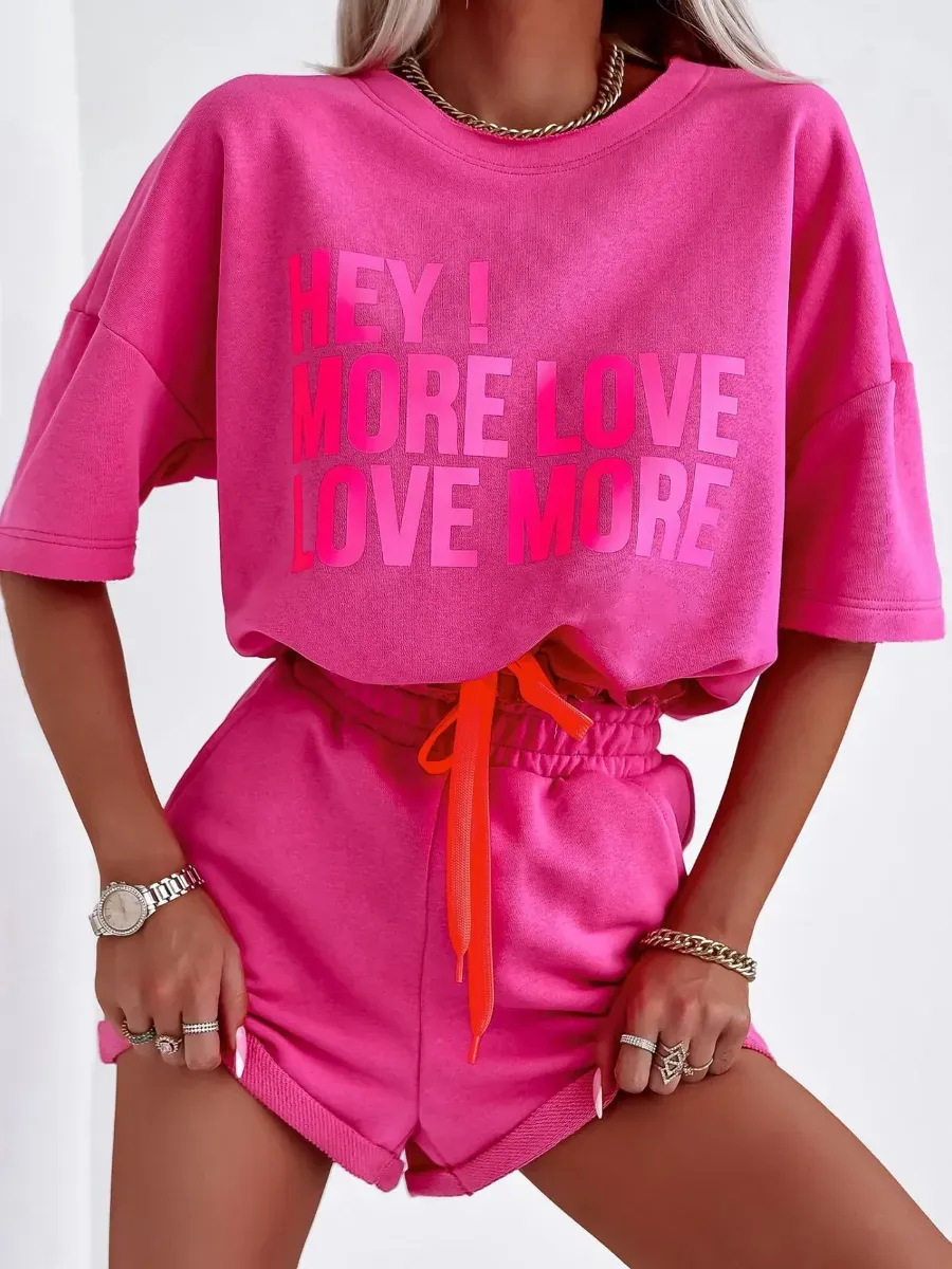 Women's Casual Letter Print Round Neck Short Sleeve Tee and Short Pants two-piece set