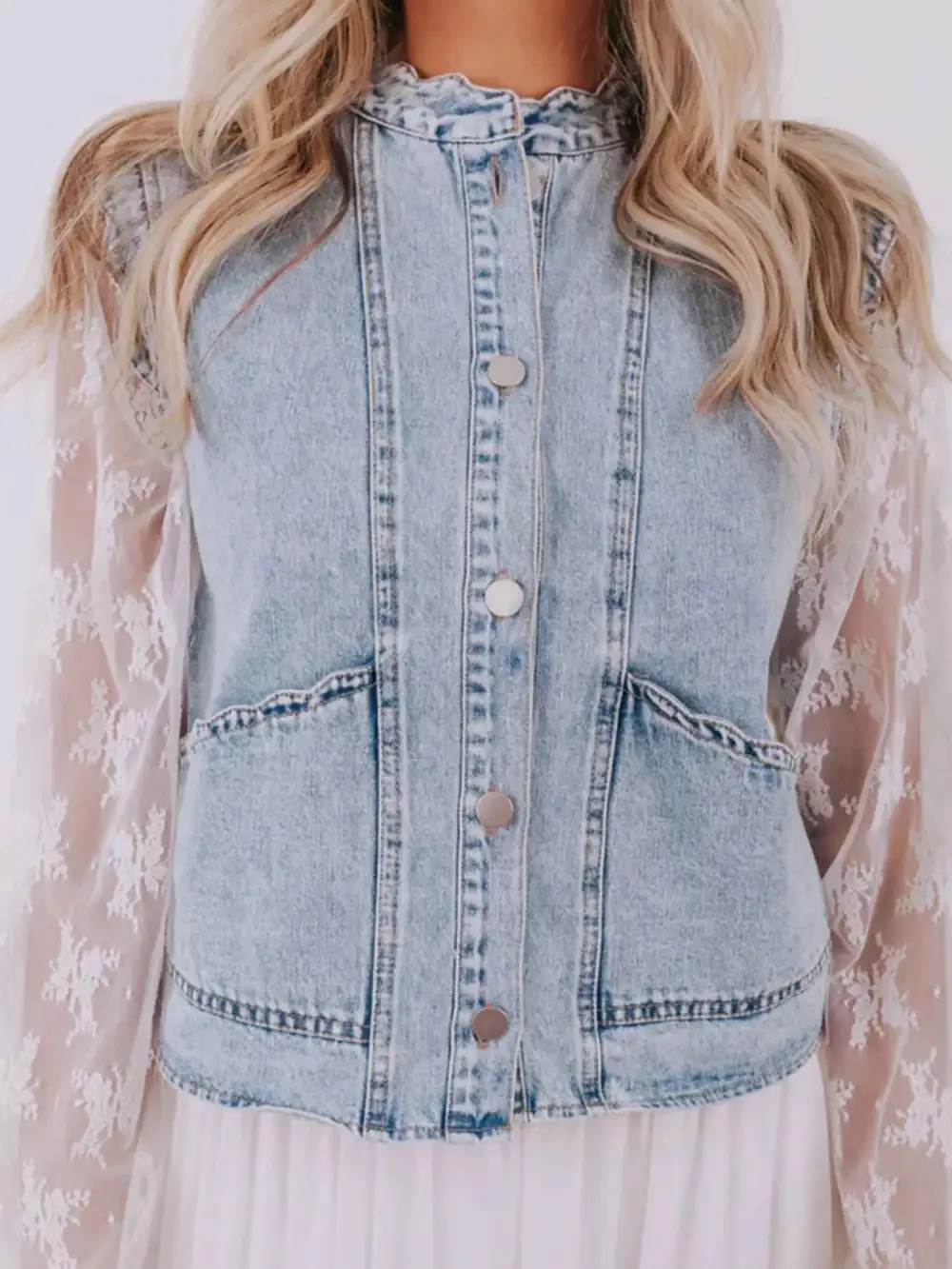 Scalloped Trim Patch Pocket Button Front Vest