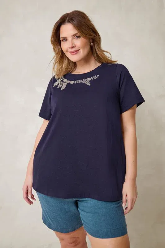 Navy Blue Beaded Flower T-Shirt