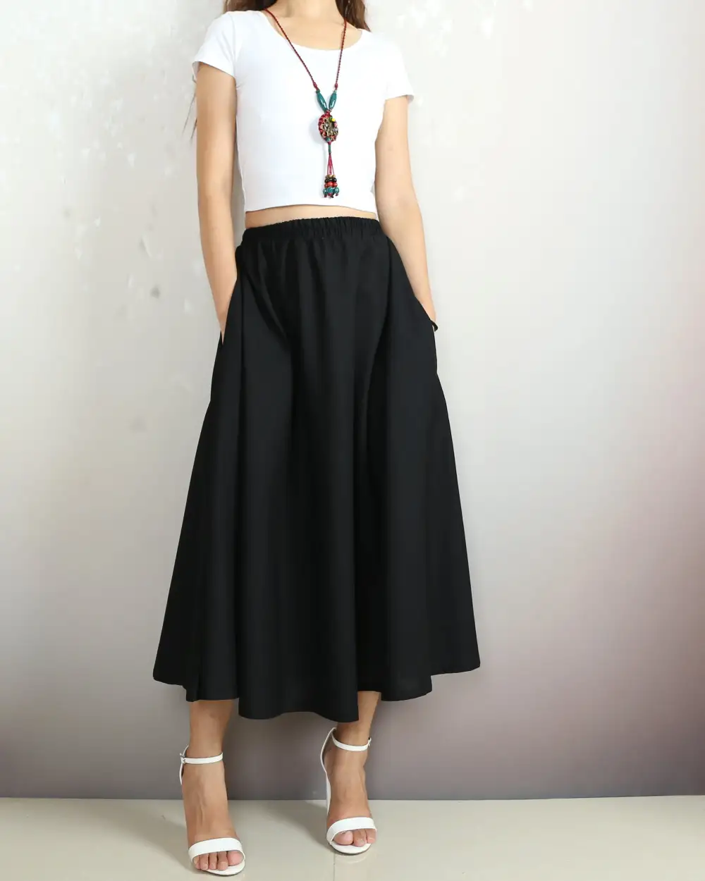Boho Linen Flared Midi Skirt
