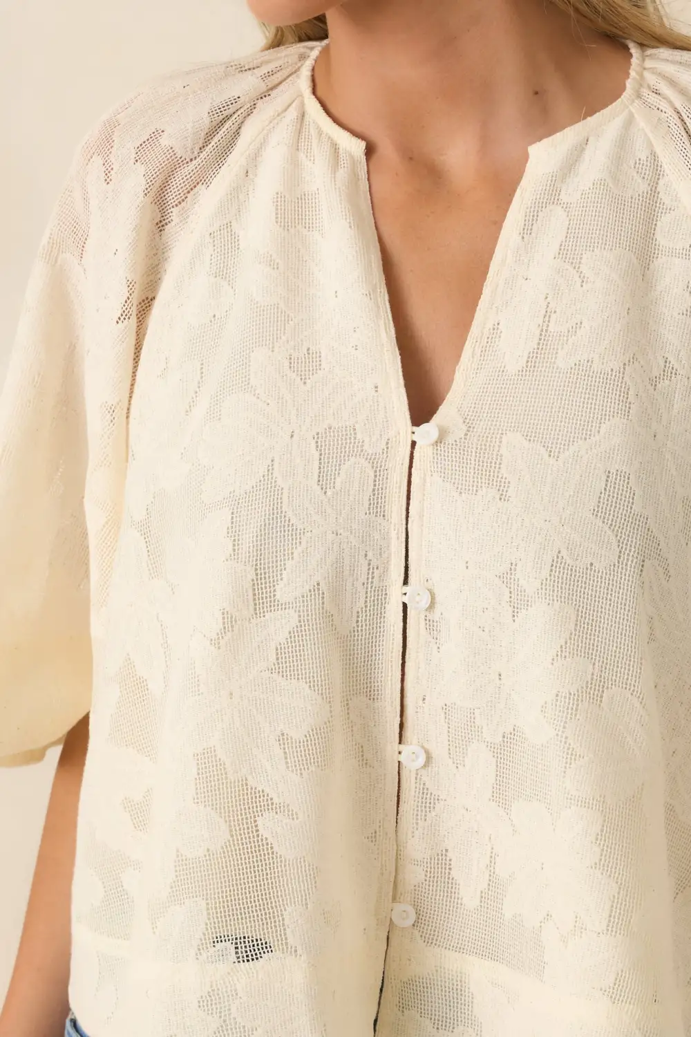 Button-Front Short-Sleeve Cropped V-Neck Blouse