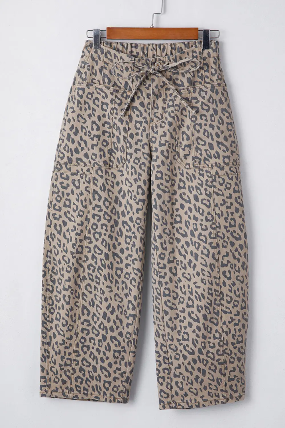Women's Pocketed Barrel Jeans With Leopard Print And Drawstring Waist