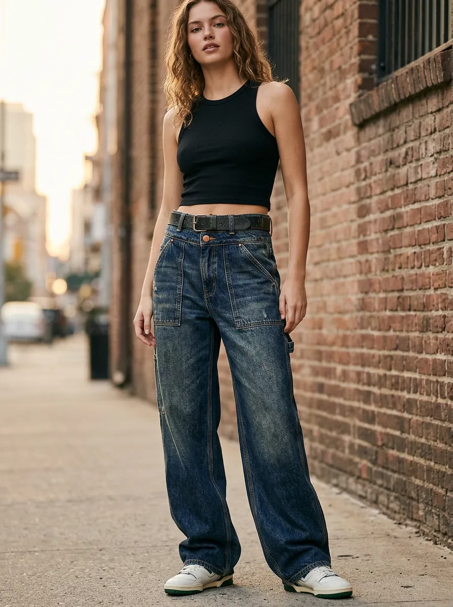 Women's Vintage Style Distressed Denim Wide Leg Cargo Pants