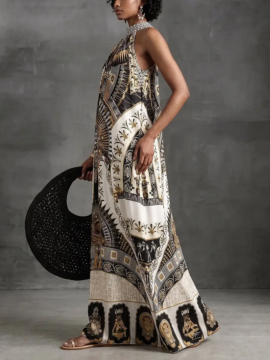 Zipper Printed Neck Maxi Dress