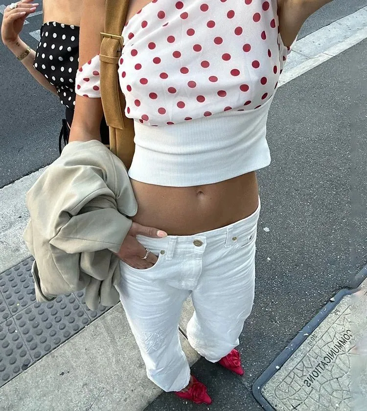 Skew-Collar Polka Dot Top