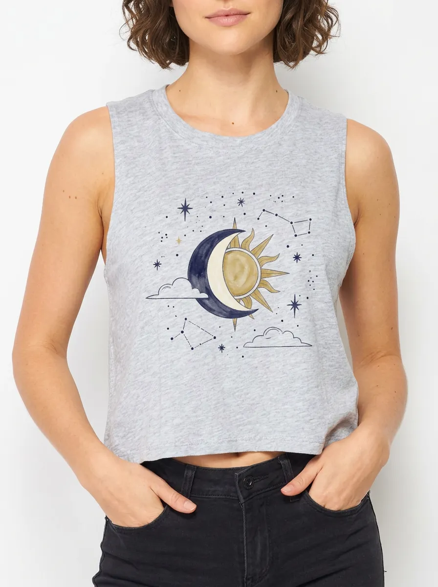 Women's Celestial Lover Sun Moon Constellation Printed Crop Tank Top