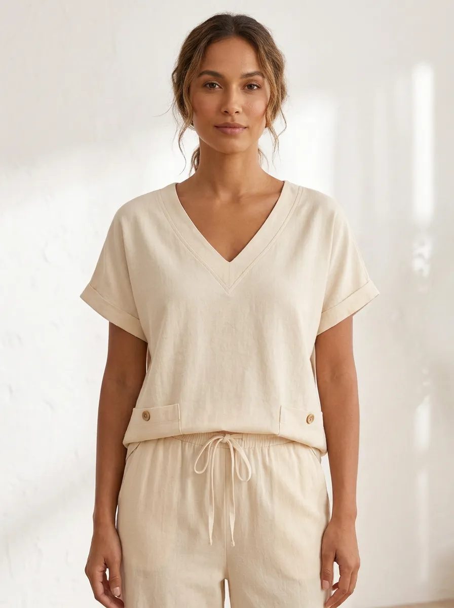 Refined Button-Front Women's V-Neck Casual Lounge Set
