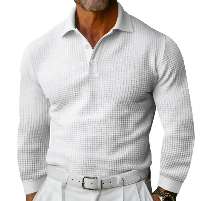 Waffle Texture Elastic Hem Long Sleeve Polo Shirt
