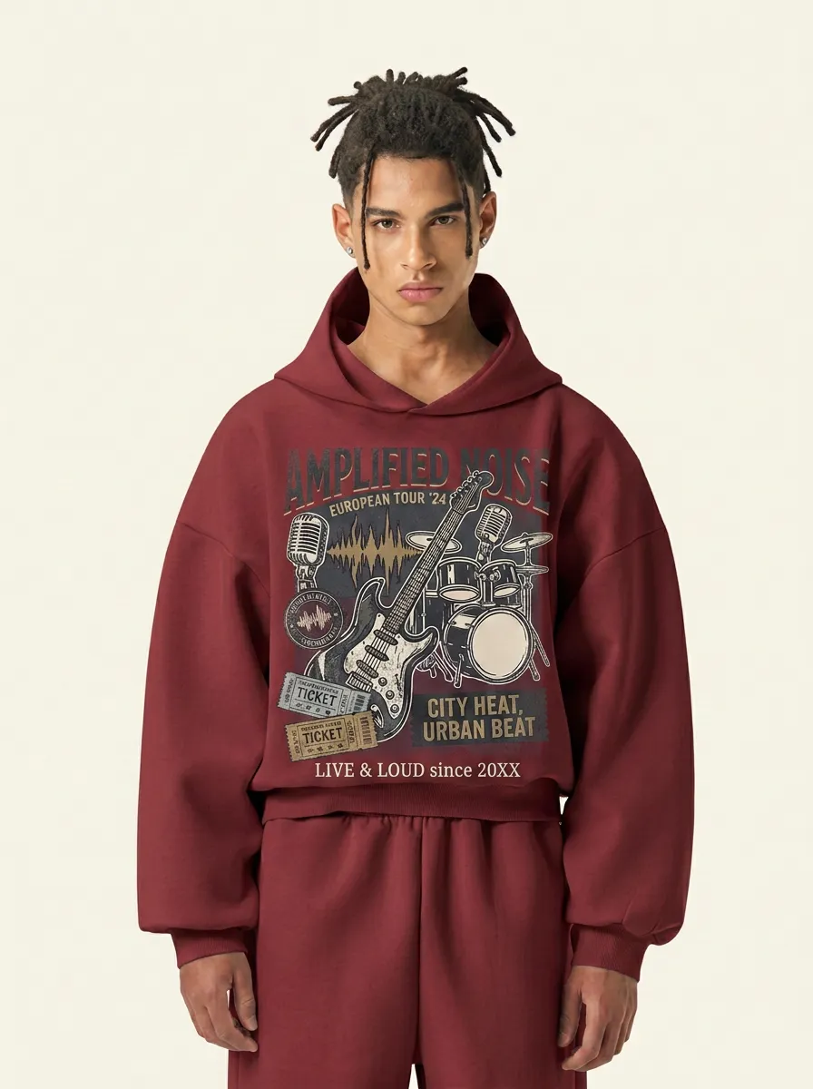 Men's Rock Band Music Lover Guitar Drum Printed Hoodie