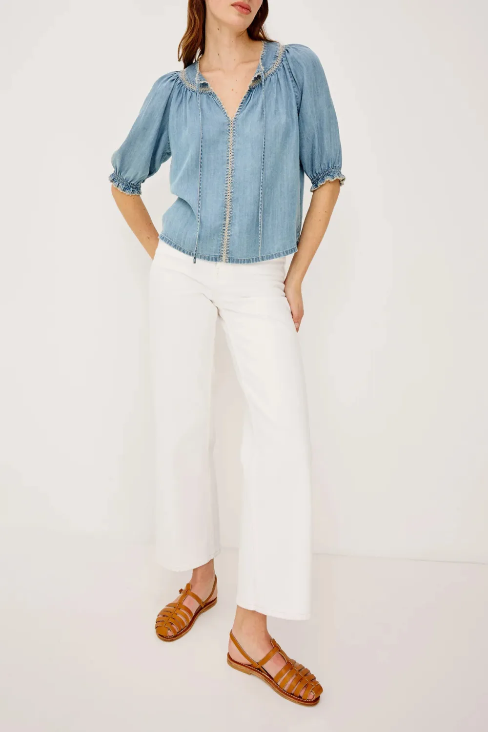 Ruffle Embroidered Peasant Top