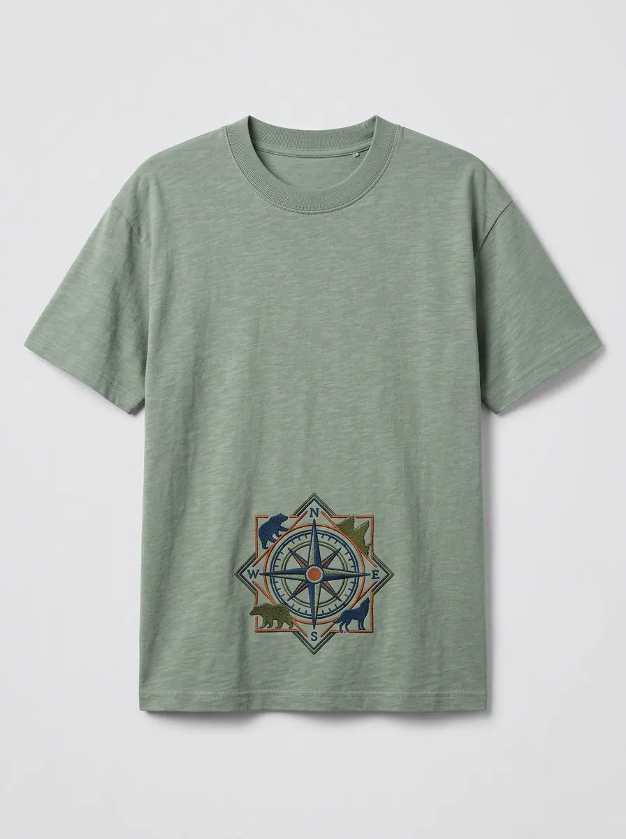 Unisex Outdoor Adventure Compass Bear Wolf Printed T-shirt