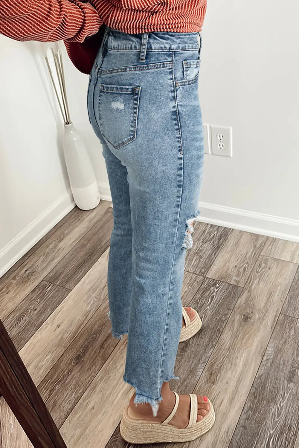 Women's Raw Hem Ripped Open Knee Fit Flare Jeans