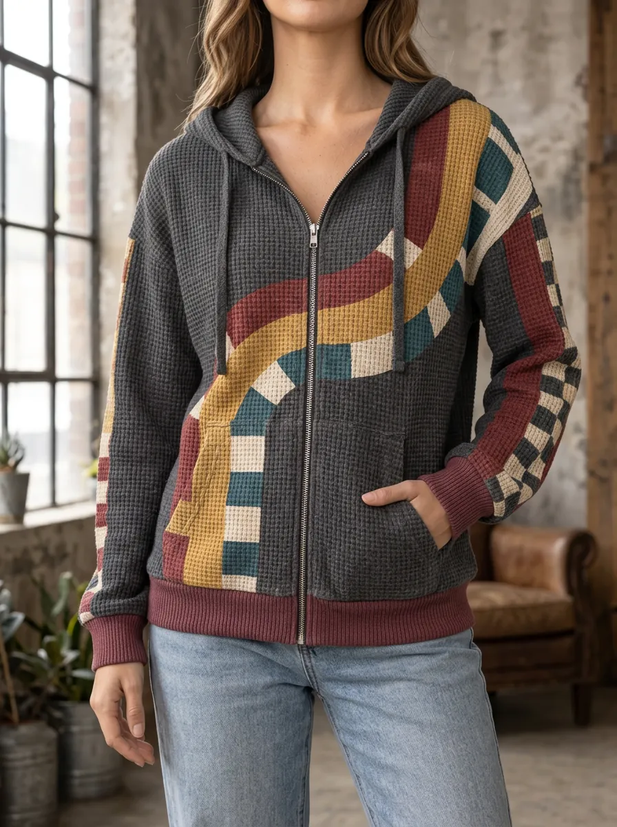 Women's Geometric Colorblock Signature Arrangement Waffle Zip-Up Hoodie