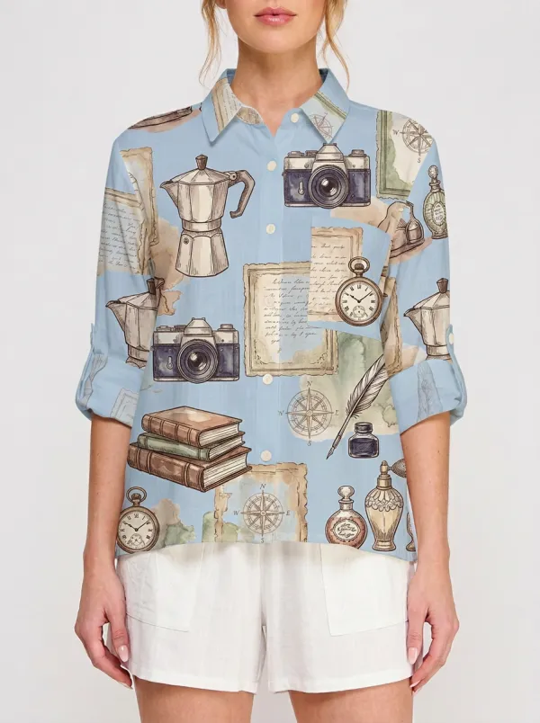 Women's Vintage Travel Hobby Camera Books Printed Button-up Shirt