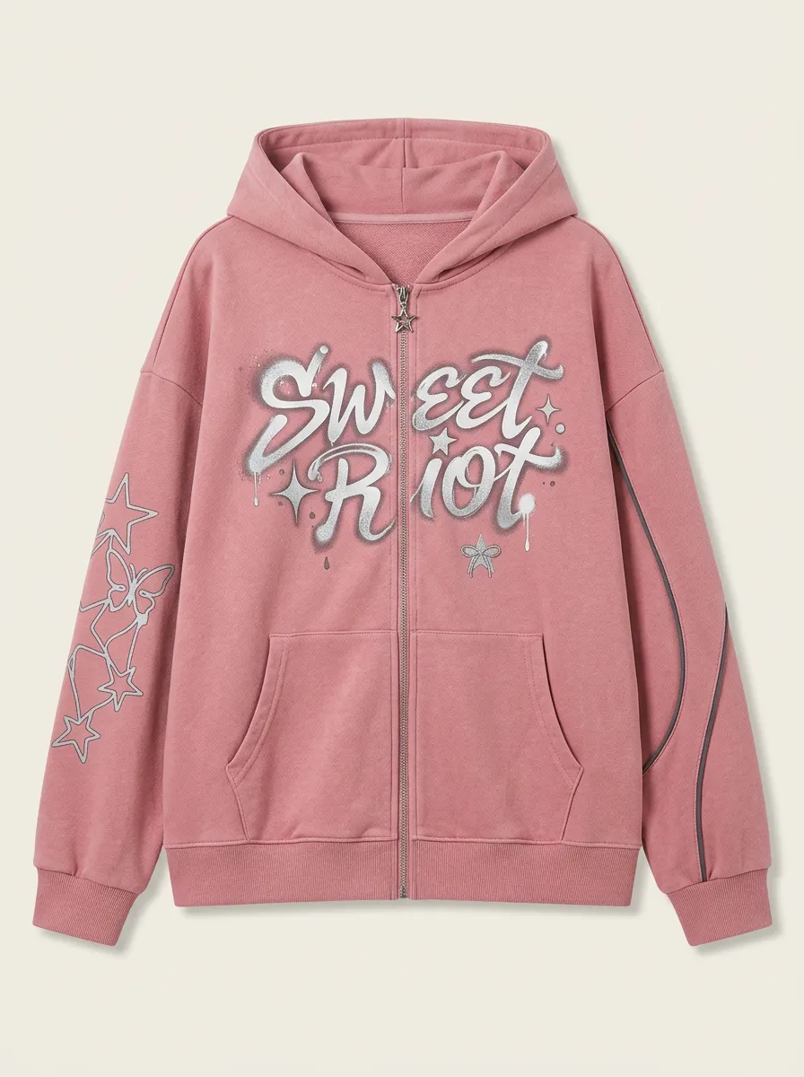 Women's Streetwear Sweet Riot Butterfly Star Printed Zip-up Hoodie