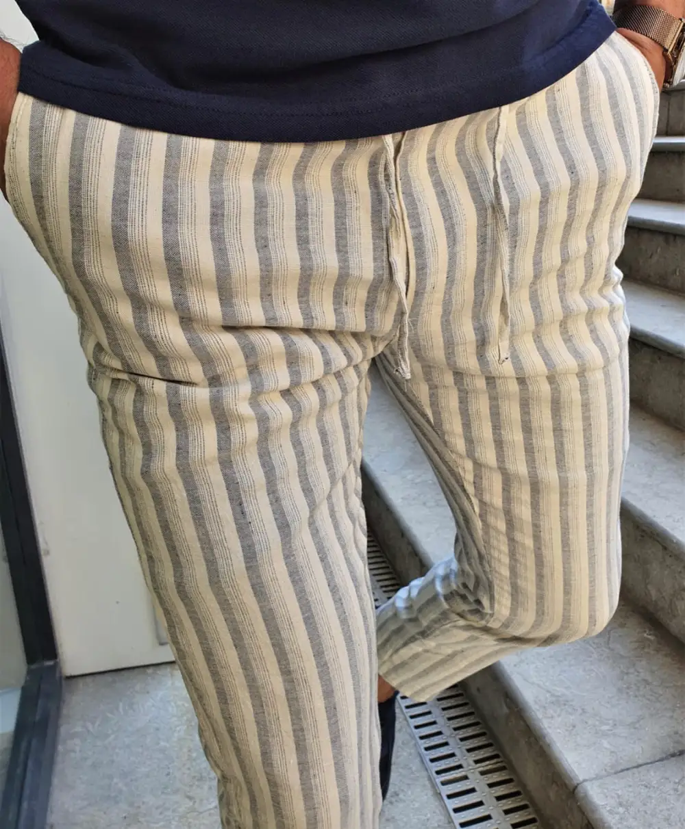 Slim Fit Striped Linen Tailored Trousers