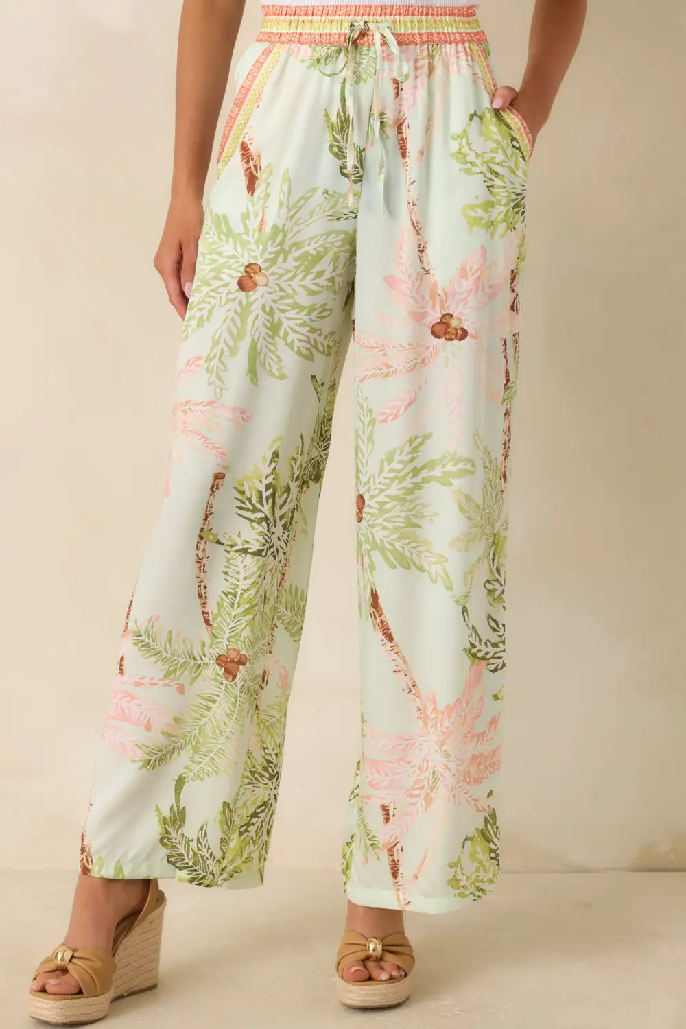 Seafoam Palm Print Drawstring Pants